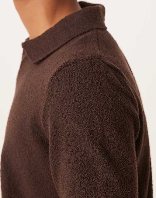 DESIGN Relaxed Textured Long Sleeve Knitted Notch Neck Polo In Brown