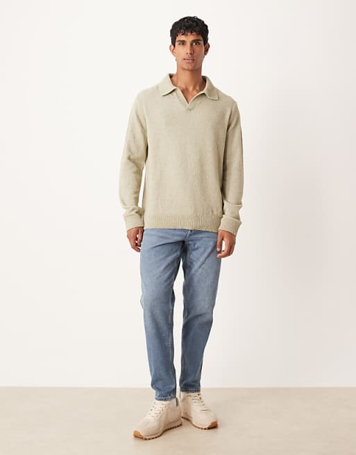DESIGN Relaxed Textured Long Sleeve Knitted Notch Neck Polo In Sage Green