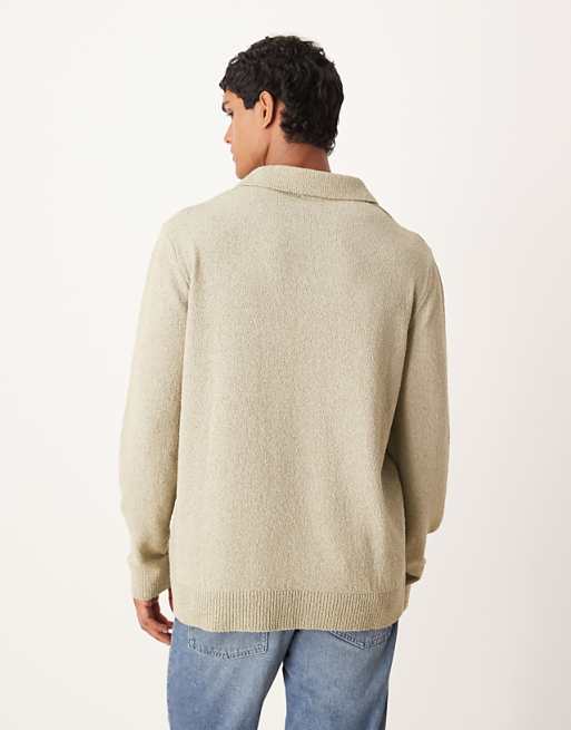 DESIGN Relaxed Textured Long Sleeve Knitted Notch Neck Polo In Sage Green