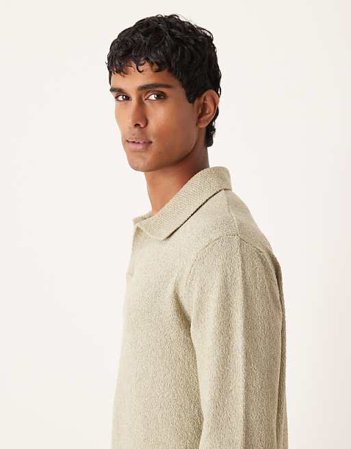 DESIGN Relaxed Textured Long Sleeve Knitted Notch Neck Polo In Sage Green