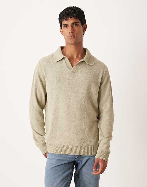 DESIGN relaxed textured long sleeve knitted notch neck polo in sage green