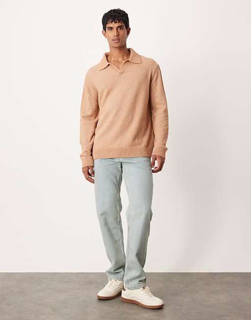 DESIGN Relaxed Textured Long Sleeve Knitted Notch Neck Polo In Brown