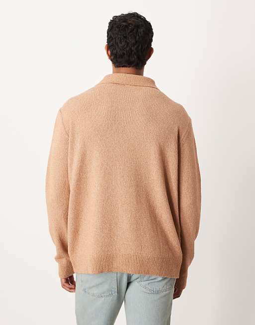 DESIGN Relaxed Textured Long Sleeve Knitted Notch Neck Polo In Brown