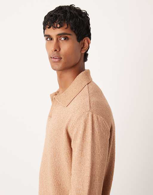 DESIGN Relaxed Textured Long Sleeve Knitted Notch Neck Polo In Brown