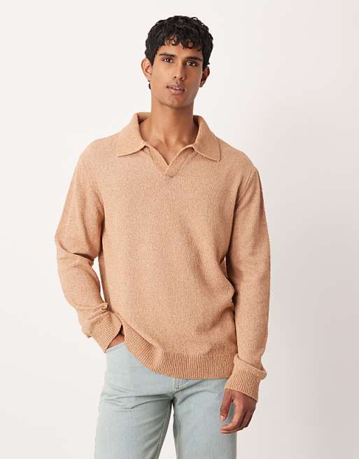 DESIGN relaxed textured long sleeve knitted notch neck polo in brown