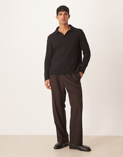 DESIGN Relaxed Textured Long Sleeve Knitted Notch Neck Polo In Black