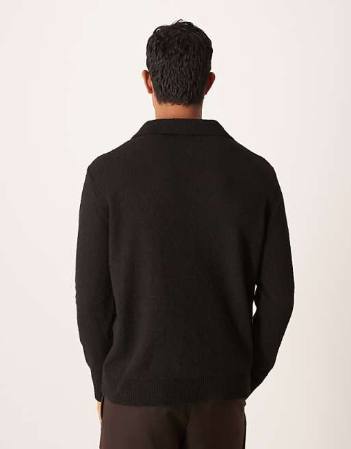 DESIGN Relaxed Textured Long Sleeve Knitted Notch Neck Polo In Black