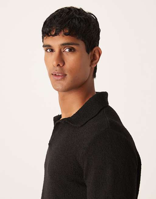 DESIGN Relaxed Textured Long Sleeve Knitted Notch Neck Polo In Black