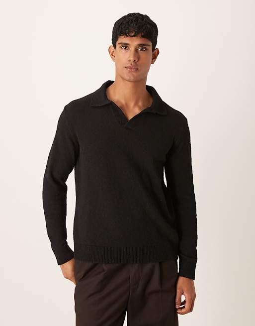DESIGN relaxed textured long sleeve knitted notch neck polo in black