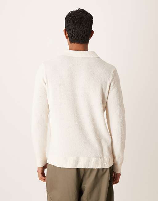 DESIGN Relaxed Textured Long Sleeve Knitted Notch Neck Polo In Ecru
