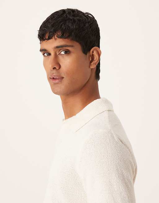 DESIGN Relaxed Textured Long Sleeve Knitted Notch Neck Polo In Ecru