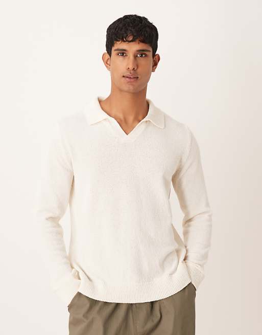 DESIGN relaxed textured long sleeve knitted notch neck polo in ecru