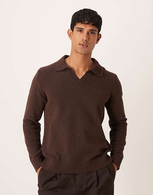 DESIGN relaxed textured long sleeve knitted notch neck polo in brown