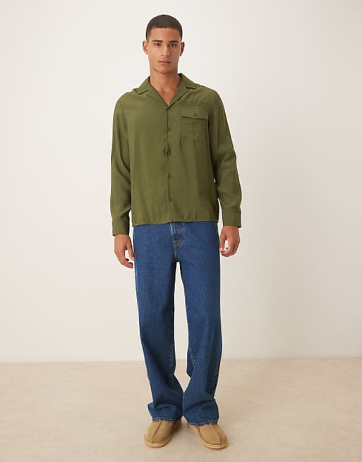DESIGN Relaxed Textured Shirt With Embroidery In Khaki