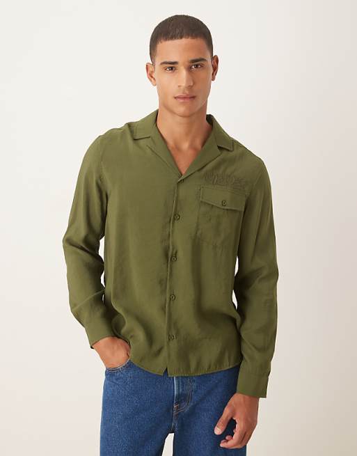 DESIGN relaxed textured shirt with embroidery in khaki