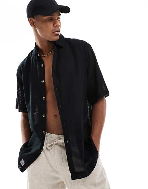 DESIGN Relaxed Textured Shirt With Patch Pockets In Black