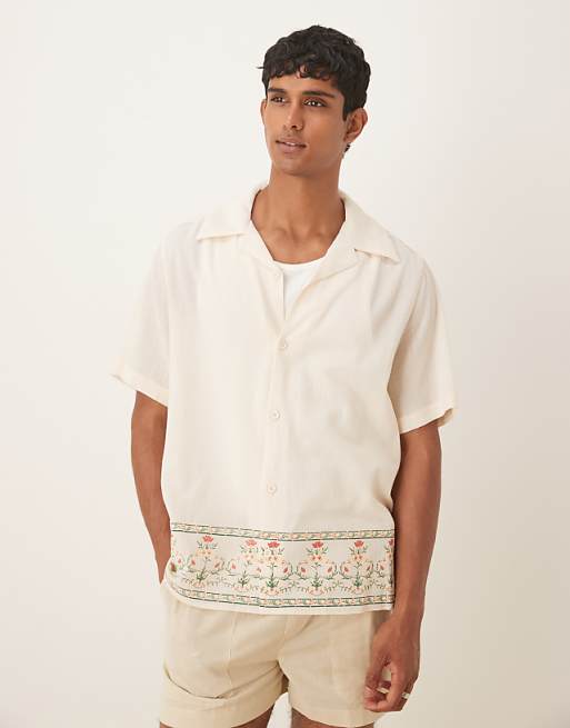 DESIGN relaxed textured shirt with print in beige