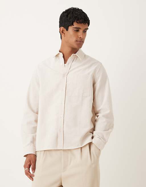 DESIGN relaxed textured shirt with square collar in beige