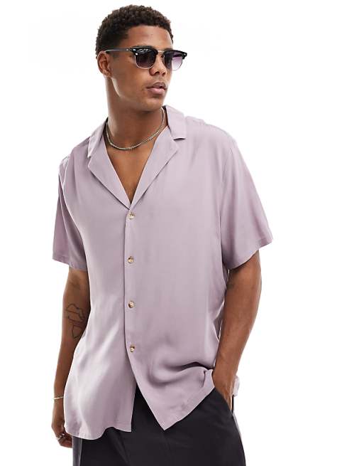 DESIGN relaxed viscose shirt with deep revere collar in mauve