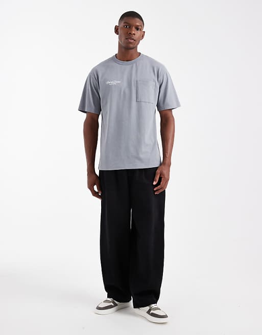 DESIGN Relaxed Washed Pocket Tee With Chest Embroidery In Grey