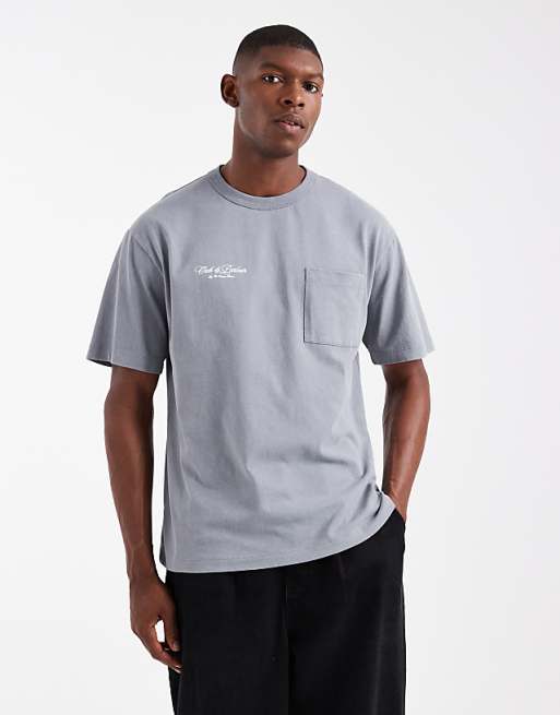 DESIGN relaxed washed pocket tee with chest embroidery in grey