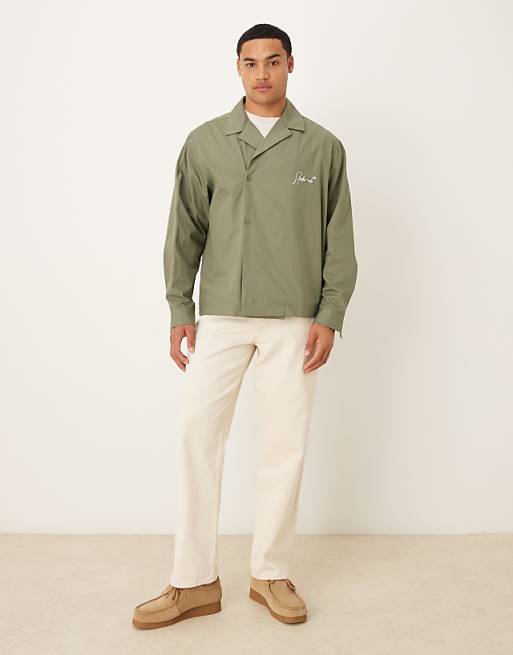 DESIGN Relaxed Wrap Around Shirt With Embroidery In Khaki