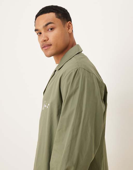 DESIGN Relaxed Wrap Around Shirt With Embroidery In Khaki