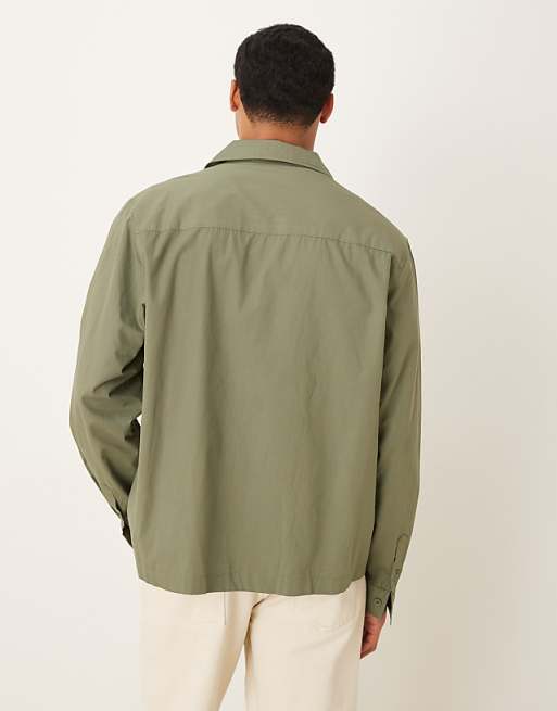 DESIGN Relaxed Wrap Around Shirt With Embroidery In Khaki