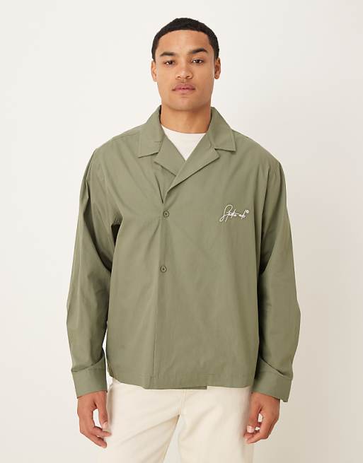 DESIGN relaxed wrap around shirt with embroidery in khaki