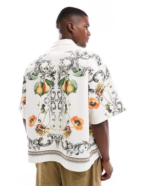 DESIGN Revere Shirt With Floral Border Print In Beige