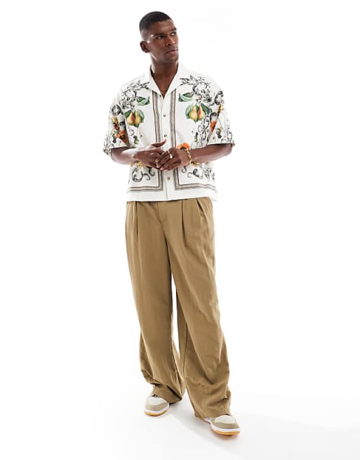DESIGN Revere Shirt With Floral Border Print In Beige