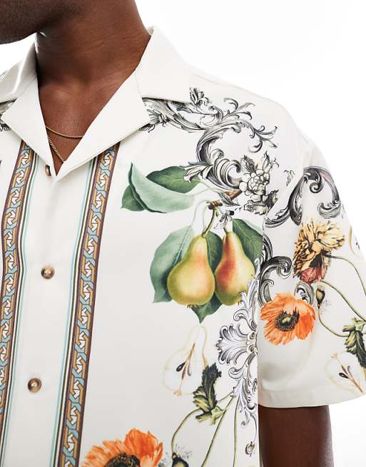 DESIGN Revere Shirt With Floral Border Print In Beige