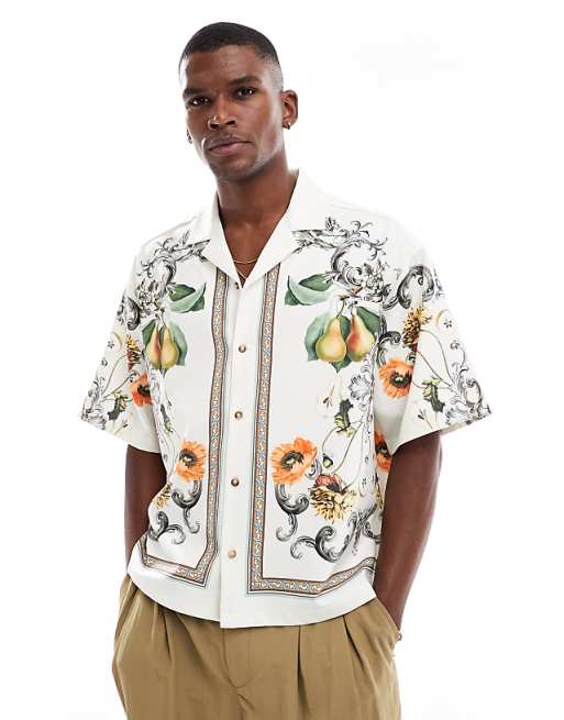 DESIGN revere shirt with floral border print in beige