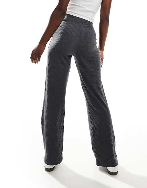 DESIGN Rib Wide Leg Trouser In Charcoal