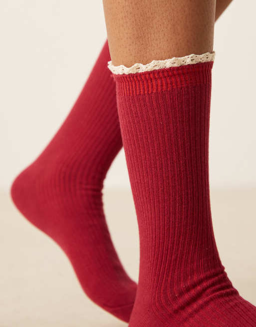 DESIGN Ribbed Contrast Crochet Frill Socks In Burgundy