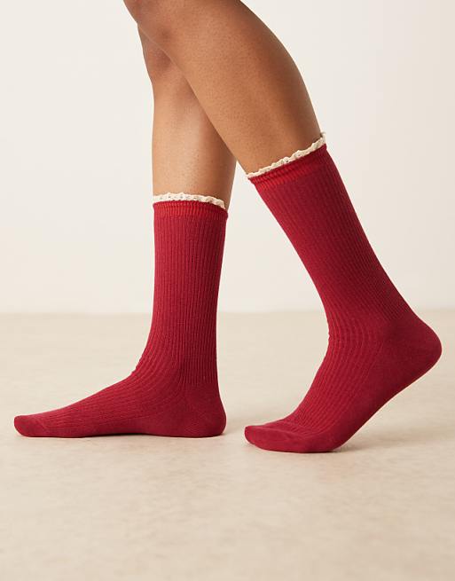 DESIGN ribbed contrast crochet frill socks in burgundy
