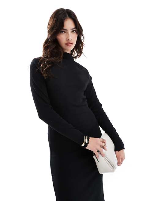 DESIGN Ribbed Long Sleeve High Neck Batwing Maxi Dress In Black