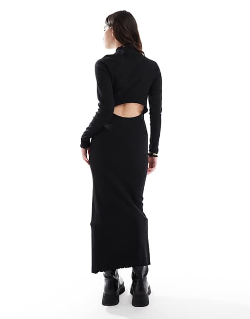 DESIGN Ribbed Long Sleeve High Neck Batwing Maxi Dress In Black