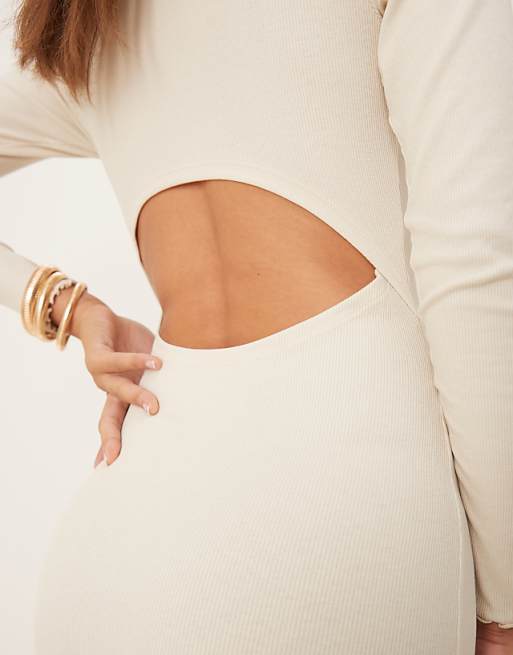 DESIGN Ribbed Long Sleeve High Neck Batwing Maxi Dress In Oatmeal
