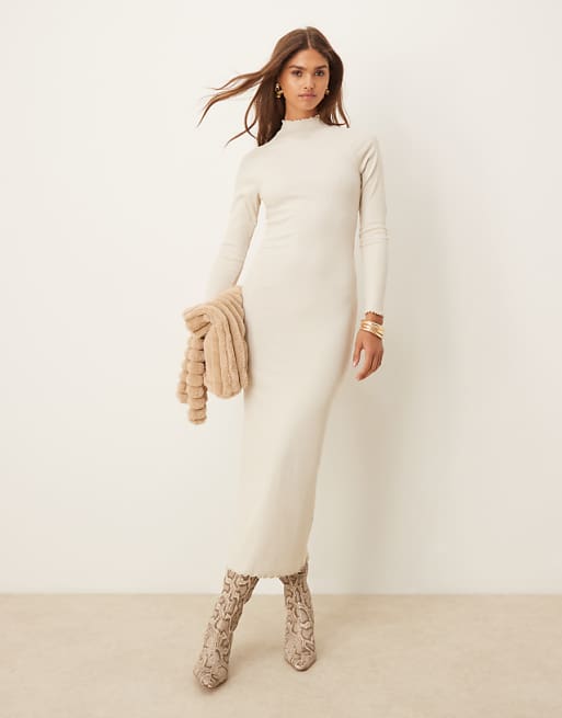 DESIGN ribbed long sleeve high neck batwing maxi dress in oatmeal