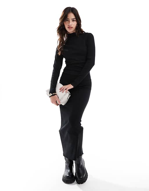 DESIGN ribbed long sleeve high neck batwing maxi dress in black