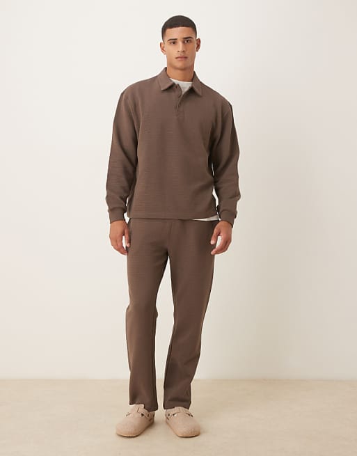 DESIGN Ribbed Relaxed Polo Sweatshirt In Brown