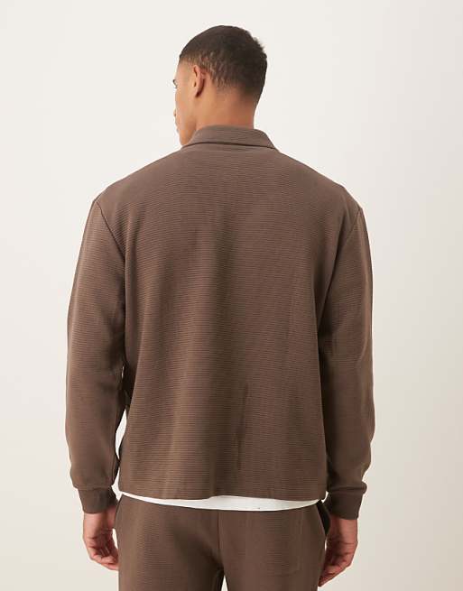 DESIGN Ribbed Relaxed Polo Sweatshirt In Brown