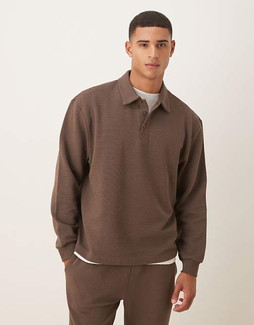 DESIGN ribbed relaxed polo sweatshirt in brown