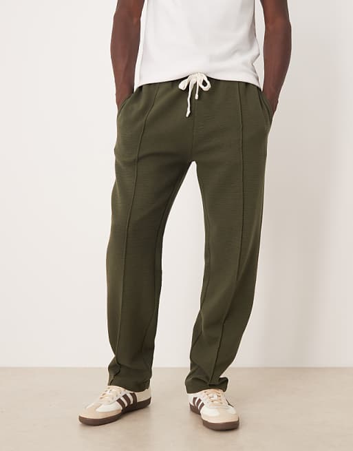 DESIGN ribbed straight leg jogger with pin tucks in khaki