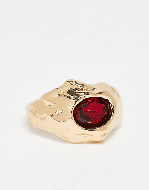 DESIGN ring with faux-crystal stone set and molten band in gold tone