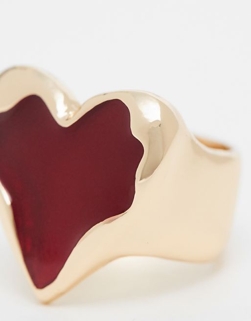 DESIGN Ring With Red Resin Heart Design In Gold Tone