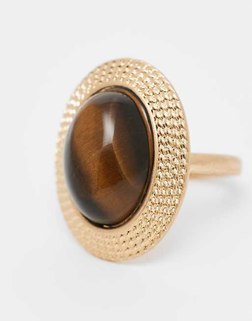 DESIGN ring with tigers eye stone in gold tone
