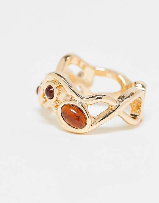 DESIGN Ring With Wavy Design And Faux-amber Stone Settings In Gold Tone
