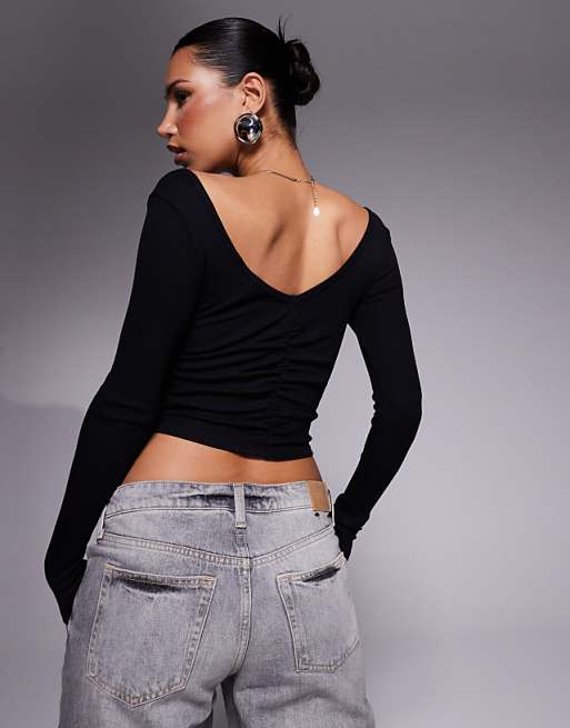 DESIGN Ruched V Front And Back Crop Top In Black